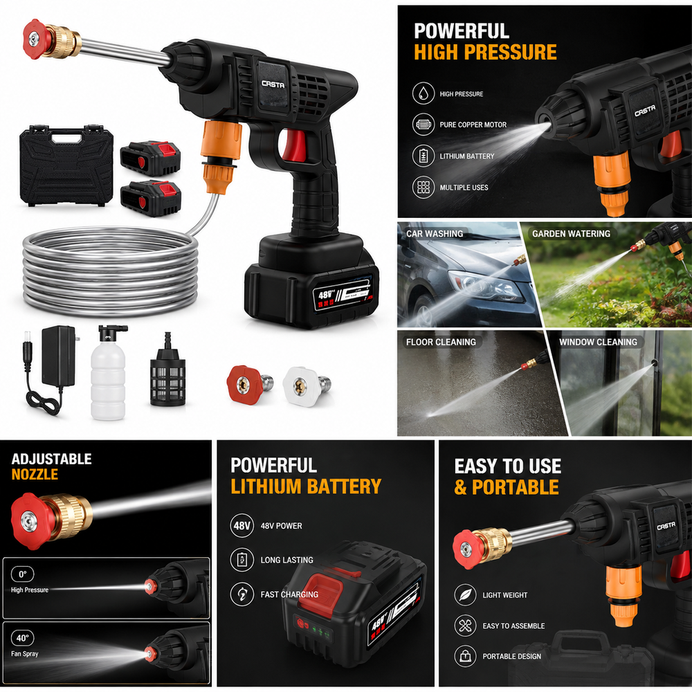 High Pressure Car Washer Gun - 48V Portable Electric Water Washer with Rechargeable Battery