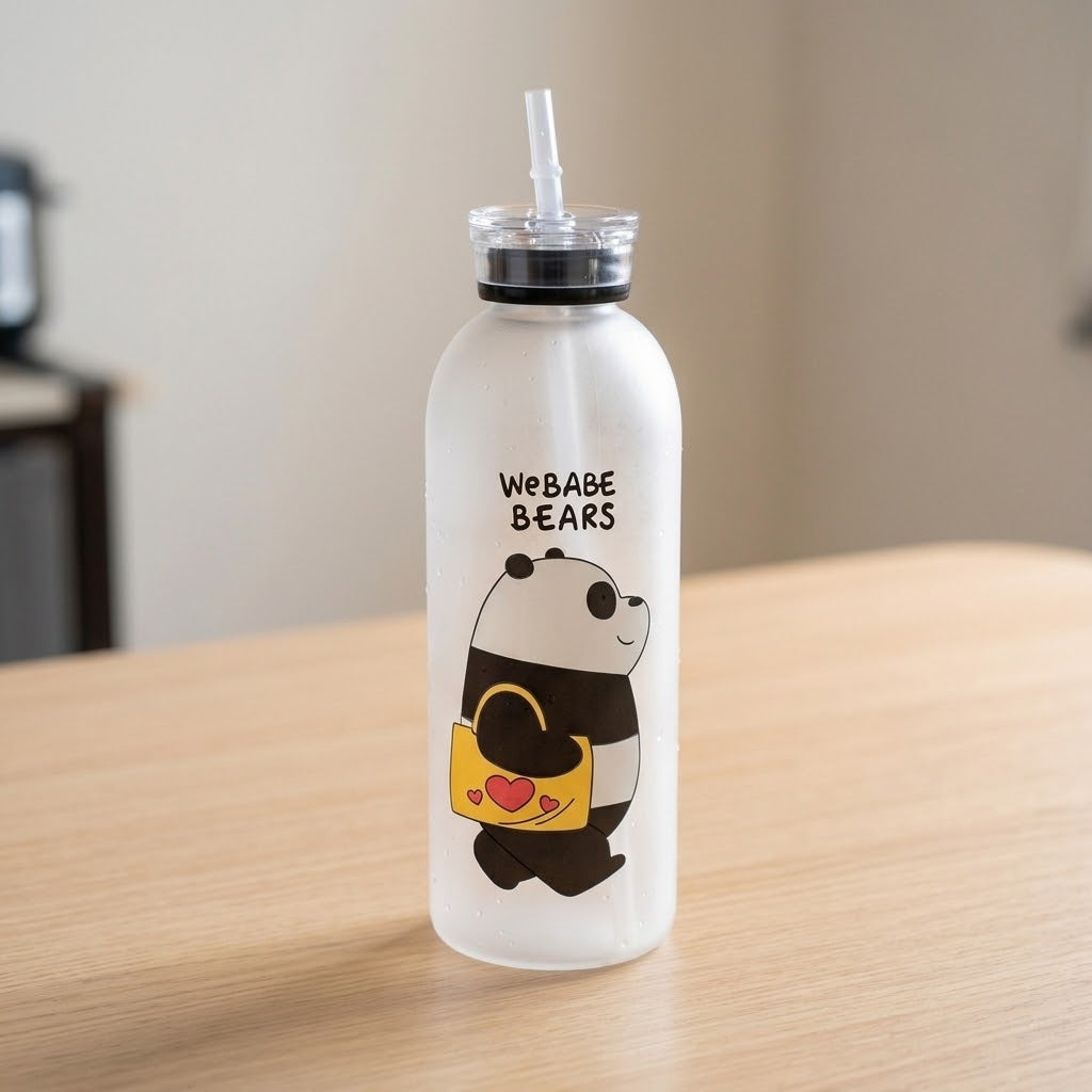 We Bare Bears Frosted Glass Water Bottle - Cute Cartoon Portable Drinkware with Interchangeable Caps & Straw