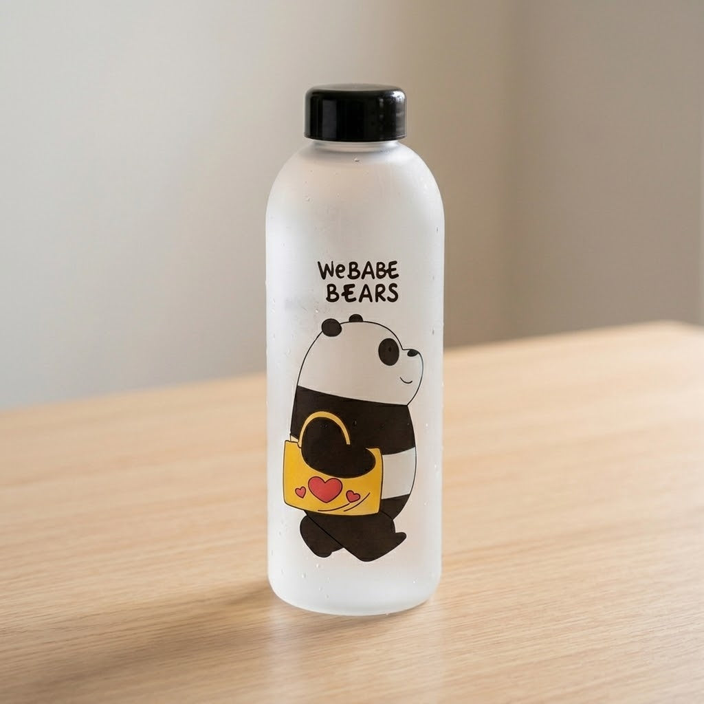 We Bare Bears Frosted Glass Water Bottle - Cute Cartoon Portable Drinkware with Interchangeable Caps & Straw